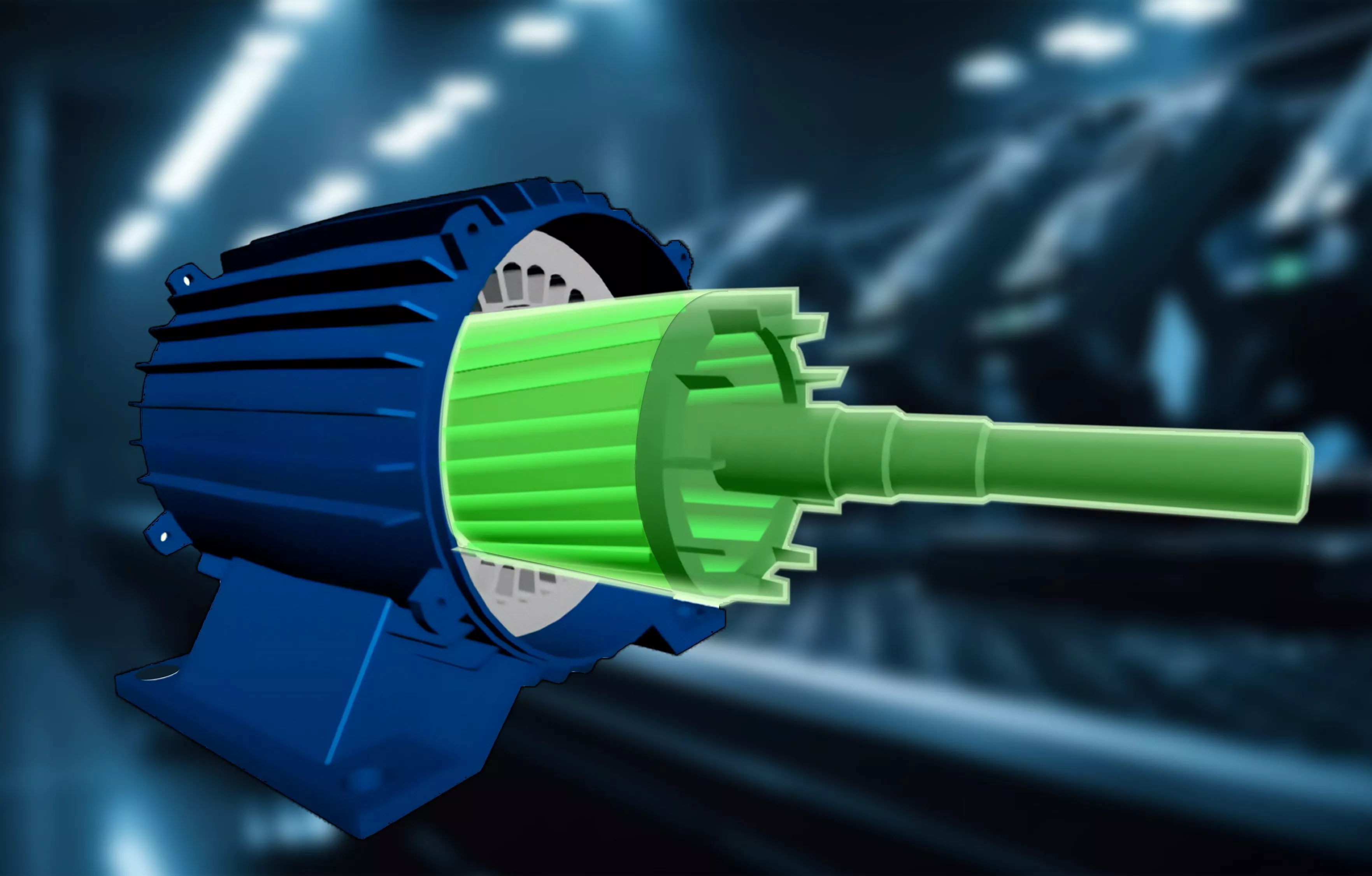 Ротор, помещённый внутрь статора. Светло-зелёным выделены алюминиевые стержни «беличьего колеса».