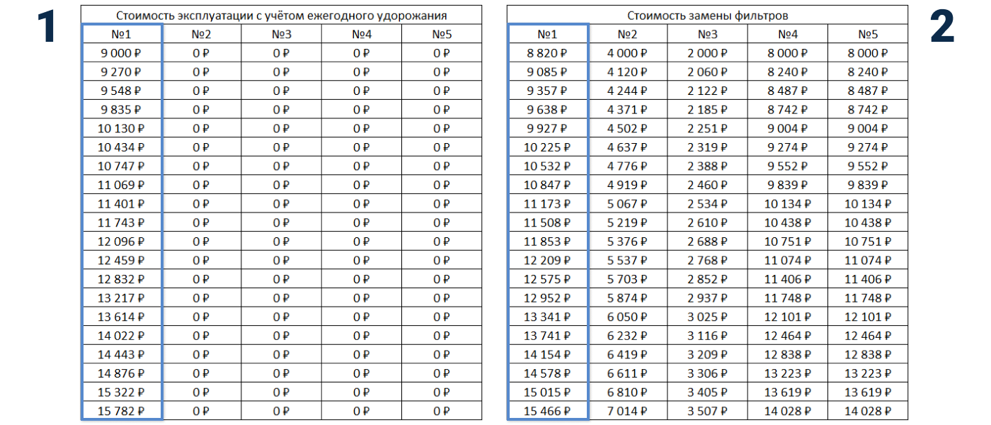 1 — таблица стоимости эксплуатации с учётом ежегодного удорожания, 2 — таблица стоимости замены фильтров с учётом ежегодного удорожания